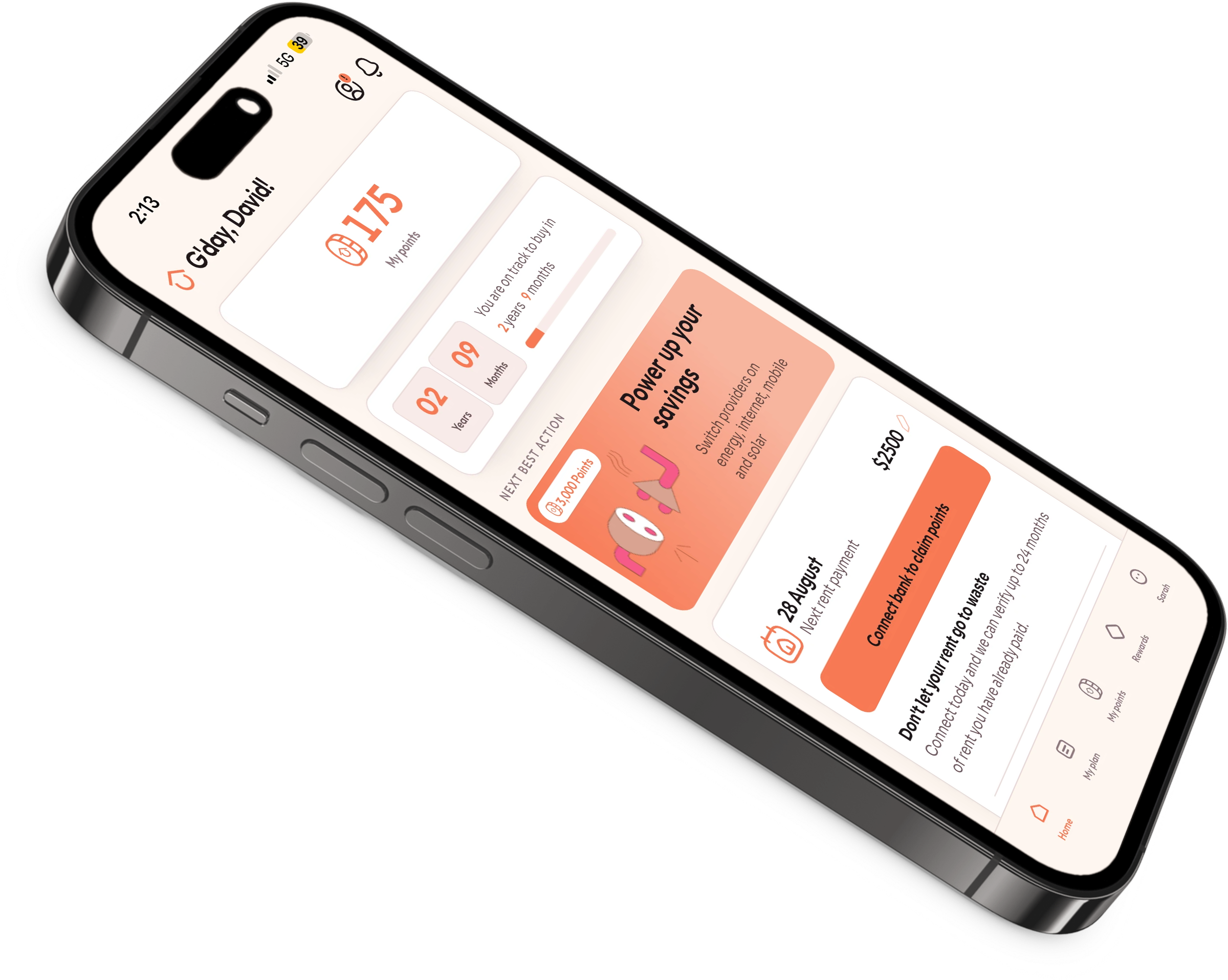 Occubuy app home screen showing a points balance, time to buying and the next best action